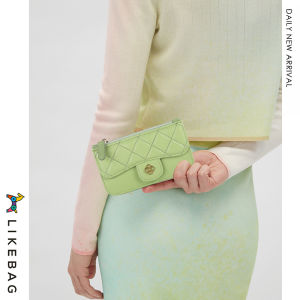LIKEBAG กระเป๋าสตางค์ผู้ถือบัตร Lambskin หนังคลาสสิกปักด้ายซิปสั้นกระเป๋าสตางค์เหรียญสําหรับผู้หญิง