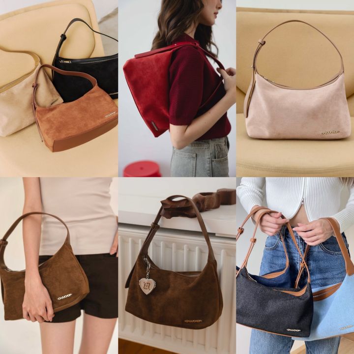 chuuchop(C8316)Wendy bag กระเป๋าสะพายข้างสไตล์คลาสสิค หนังกลับและยีนส์