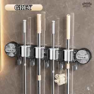 [SG Seller]Plastic Wall Hanging Mop Clip Rack Mop Clamp Storage Shelf Suction Cup Mop Clamp Wall Hanging Without Drilling Bathroom Mop Hanger