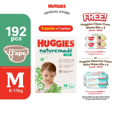 Huggies Naturemade Tape Diapers M64/L54/XL44 (3 Packs) - No harmful chemicals super premium diapers for baby