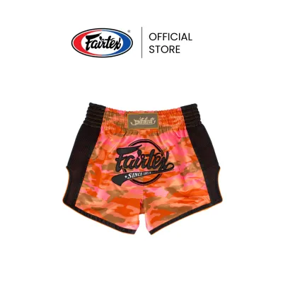 Fairtex กางเกงมวย BS1711 สีส้มลายพราง กางเกงมวยผ้าไมโครซาติน ทรงเพรียว กรีดสูง เอวยางยืด 6 แถบ ใส่ซ้อมมวยสากล มวยไทยได้