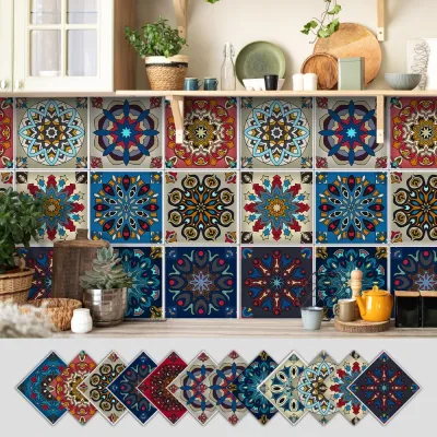 MODERNLUX 12Pcs Mandala Pattern Backsplash Tile Stickers Multicolor Design Waterproof Peel and Stick Tile Fashion PVC Decorative Tiles Kitchen Decor