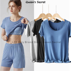 [Queens Secret] M-3XL Large size short sleeve top with chest pad modal home wear/lounge wear/sports yoga wear / fixed cup womens basic T-shirt black/white/gray short sleeve