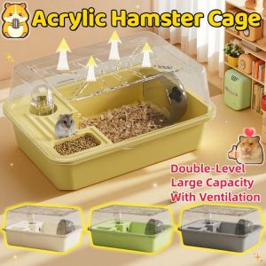 Multi-functional Hamster Cage with Running Wheel Water Bottle Ventilation Double-Level Hamster Home