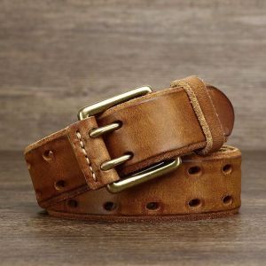 3.8cm Wide Vintage Mens Belt Cowhide Genuine Leather Belt Copper Double Needle Buckle Handmade Jeans Belt Fashion Male Strap