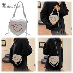 Shoulder Purse for Women Heart Shape Handbag PU Leather Rhinestone Crossbody Bag with Inner Pocket for Work Travel