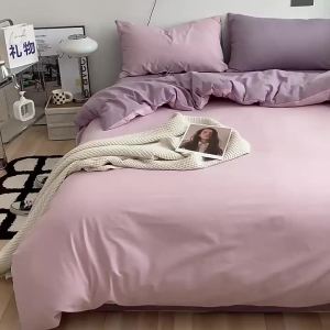 ins Japanese Style Bedding Set Four-Piece Pure Washed Cotton Solid Color Double Quilt Cover Dormitory Bed Single Three-Piece Set LZD