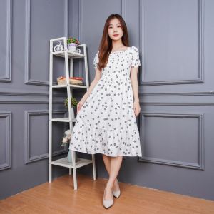 SMOCKED DRESS / Gaun musim panas kasual baru Lengan pendek smocked dress lipit bunga dengan dasi belakang