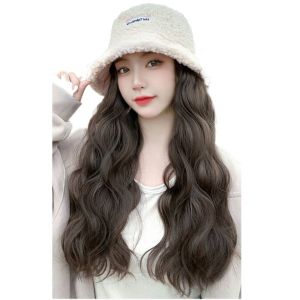 IVAOU Long Wavy Hair Synthetic Hat Wig Warm Korean Style Autumn Winter Cap Wigs Invisible Natural Fisherman Hat with Hair Wigs Women