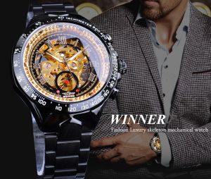 Winner Classic Series Golden Movement Inside Silver Stainless Steel Mens Skeleton Watch Top Brand Luxury Fashion Automatic Watch. gift