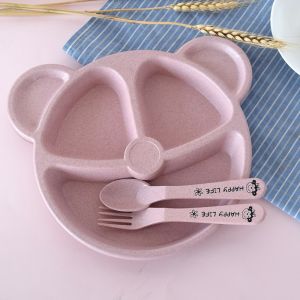 Toddler Baby Feeding Bowl Spoon Fork Set Cute Cartoon Children Learning Plastic Dinner Plate