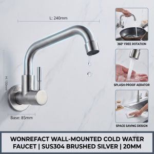 SUS304 Stainless Steel Wall Mounted Faucet 360° Swivel Rust Resistant Suitable for Kitchen & Balcony Sinks