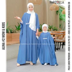 Baju Muslim Wanita Alina#2 Kaftan Ibu dan Anak Polo Linen Aplikasi Bunga 3D Allsize