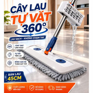 Cây Lau Nhà Tự Vắt Thông Minh Bàn Lau Siêu Rộng 45cm Xoay 360 Độ (Kèm 3 Bông Lau San Hô)