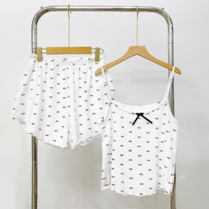 Set đồ bộ nữ Áo thun hai dây kèm quần đùi lưng chun co giãn họa tiết nơ chất gân tăm ( CÓ BIGSIZE) - SET827