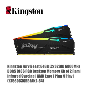 Kingston Fury Beast RGB DDR5 4800 / 5200 / 5600 / 6000 MHz Desktop PC Gaming Memory RAM (8GB / 16GB / 32GB / 64GB)