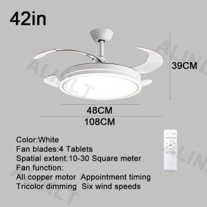 Ceiling Fan Light Modern Tri Color 6 Speed Chandelier Fan With Light 42/48 Inch Retractable Invisible LED Ceiling Lamp Remote Control For Living Bedroom ALINLT