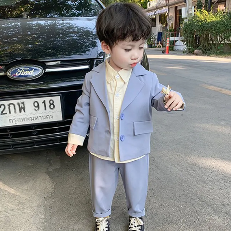 lontakids 2Pcs Toddler Baby Boys Plain Blazer Coat Pants Set Blue