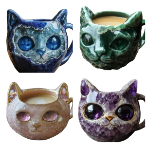 Unique Geode Cats Face Mugs Sparkling Resin Handcrafted Art Gift For Cats Lover Decorative Kitchenwares Coffee Cup