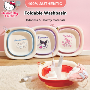 100% Authentic Sanrio Hello Kitty Cleaning Tools Portable Folding Washbasin Odorless Silicone Water Container with Handle Car Washing Cleaning Camping Outdoor LFB380/LFB181