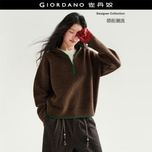 GIORDANO Women Sweaters Contrast Trim Half Zip Hooded Sweaters Drop Shoulder Loose Fit Fashionable Casual Sweaters 18356826