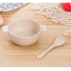 1PC Baby Feeding Bowl Spoon Set Wheat Straw Double Ear Bowl Anti-Scalding Childrens Tableware
