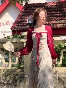 Dazzlin  plus Size Womens Clothing High-Grade French Style Square Collar Dress Womens Long-Sleeved Red Fat mm Covering Belly Thin Hepburn Style Chiffon Length Dress