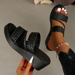 Plus Size Thick-Soled Wedge Sandals For Women 2026 Summer New Fashionable Outdoor Woven High-Heel Beach Shoes