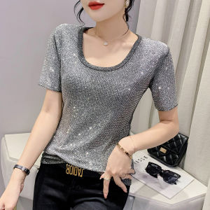 YIMEI 2023 Summer Beautiful Womens T-shirt Fashion Style Round Neck Short Sleeve Heavy Duty Diamond Top