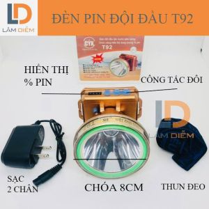 Đèn pin đội đầu siêu sáng choá lớn 8cm pin trâu kín nước có báo pin công tắc đôi T92