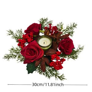 BMFUEW 20cm Christmas Candlestick Wreath DIY Handmade Red Berry Candle Wreaths Fake Pine Branch Wreath Rose Flower Simulation Pine Branch New Year