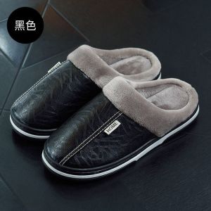 Big Size 48 49 50 51 Winter Men Slippers Home PU Leather Shoes for Women Indoor Waterproof Fur Cotton Bedroom Slipper House shoes