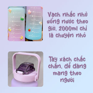 Bình nước 2 lít tặng Sticker dành cho người lười uống nước Fan House bình nước cute 2L có ống hút vạch chia nhắc giờ