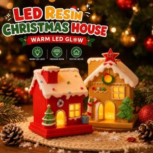 Led Resin Mini Christmas House Ornament Warm White Light Battery Powered Tabletop Decor Holiday Village Party Home Display