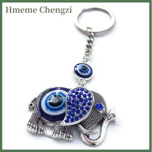 Hmeme Creative Blue Eye Elephant Metal Keychain Rhinestone Animal Key Ring Pendant Car Key Decoration Accessories For Women Men Jewelry