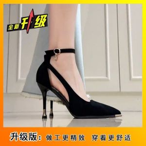 Free Shipping Elegant Black Retro Suede Pointed-Toe Stiletto Heels With A Single-Strap Design Perfect For Commuting And Adding A Touch Of Sophistication