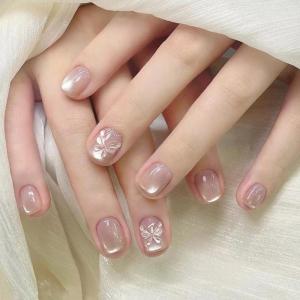 24 Pcs Elegant Full Cover Stick on Nail 3D Butterfly False Nail Glossy Press On Nail Cats Eye Artificial Nail