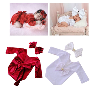 Photography Props for Baby Girls 0-2M Photo Costume Pleuche Jumpsuits Bow Hair Rope Newborn Milestones Photo Outfit 2pcs
