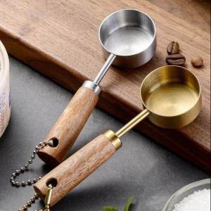 15ml Stainless Steel Measure Spoon with Wood Handle Hangable Measuring Cup Rustproof Flat Bottom Kitchen Measure Tools Baking