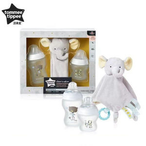 Tommee Tippee Silicone chai kính tráng trẻ sơ sinh Bộ quà tặng (5oz & 9oz chai sữa & Elephant Comforter với vòng gặm nướu)
