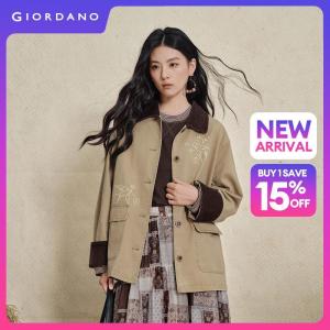 Giordano Women Corduroy paneled swallow embroidery cargo jacket Free Shipping 18376307