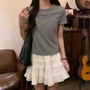 Ammin 2024 mùa hè cổ điển cổ tròn thời trang duyên dáng in hình nơ tay ngắn cotton áo thun nữ phong cách ngắn giản dị