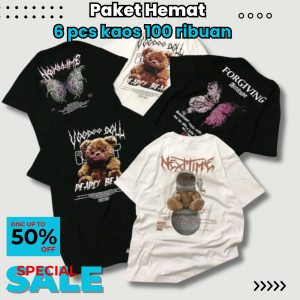 PAKET HEMAT!! (6 Pcs 100 Ribu)/Kaos Distro Motif Random/Kaos Pria Cotton Combad 24s Kualitas terbaik