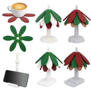 QFV5F Heat Resistant Christmas Tree Table Mat Anti Scald Xmas Tree Shape Foldable Coaster Convenient Anti-fouling Silicone Placemats Teapot Hot Pots