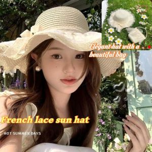 Ladys Sun Hat Net Pearl Lace Bow Wide Brim Straw Sunscreen Sunshade Beach Hat Gifting A Pearl Bag