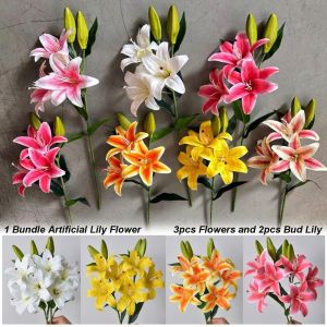 YUNAFIN with 3pcs Flowers and 2pcs Bud Artificial Lily Flower 67cm 6 Colors Simulation Flowers Lily Fake Flowers Home Decoration