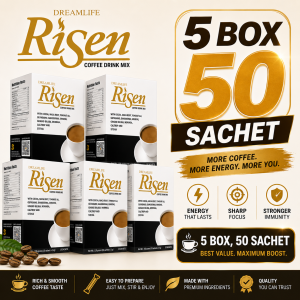 5 Box 50 Sachet of Dreamlife Risen Coffee Drink Mix - Rich & Smooth Coffee Taste Easy to Prepare Made with Premium Ingredients Energy That Lasts Sharp Focus Stronger Immunity.