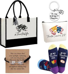 6 Pcs Theater Gifts Set for Women Drama Lover Gifts with Trapezoid Canvas Tote Cosmetic Bag Socks Keychain Bracelet Card for Theater Broadway Lover Musical Actor Back to School Gift