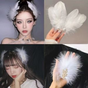 1 Pair Sweet Fairy Style Feather Hair Clips Decorated With Pearl Elegant Wedding Party Bridal Headwear Lightweight Decorative Hair Accessory For Women Girls Photo Shoot Outfit Matching Ornament