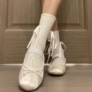 ถุงเท้าบัลเล่ต์ ข้อสั้น แต่งริบบิ้น แต่งโบว์ ระบายอากาศได้ดี สีพื้น สไตล์ญี่ปุ่น สําหรับผู้หญิง